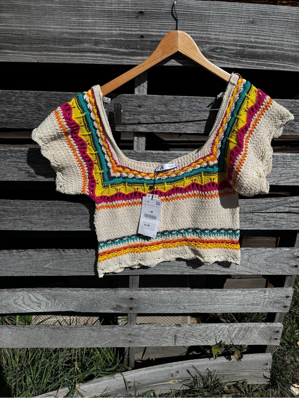 Zara Cream Crochet Crop Top with Yellow, Green, Teal, Pink & Orange Stripes